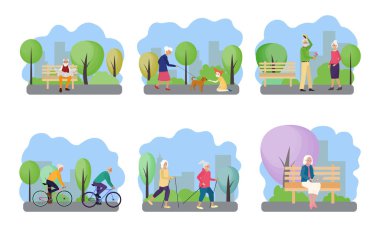 Emekliler parkta yürüyor, havada aktif egzersizler yapıyorlar. Bisikletli yaşlılar, İskandinav yürüyüşü ve bankta okuma