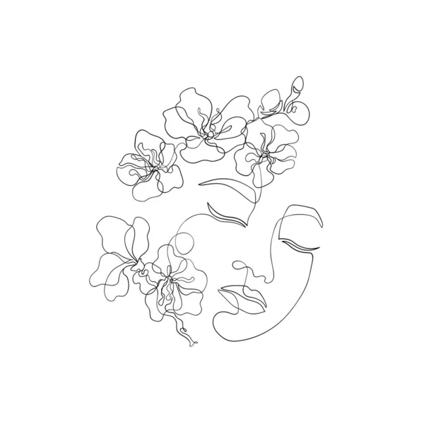 Γραμμικό Γυναικείο Πρόσωπο Ασιάτισσες Γυναίκες Που Μία Γραμμή Sakura Λουλούδια — Διανυσματικό Αρχείο