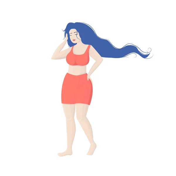 健康な長い青い髪を持つ美しい女性プラスサイズ 白人とヨーロッパの女の子の体が陽性です ヘアケア アクティブな健康的なライフスタイル — ストックベクタ