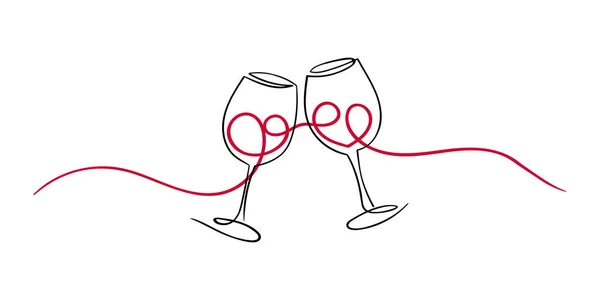 Zwei Gläser Wein Mit Einer Linie Mit Herzen Darin Aufkleber — Stockvektor