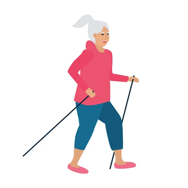 Active Senior Woman Doing Sports Walking Vacation Park — Stock Vector