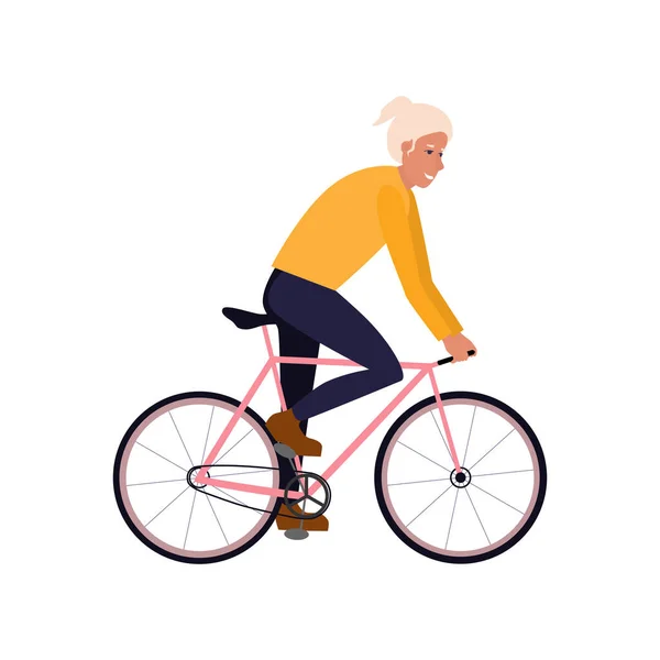 Donna Pensionati Attivi Andare Bicicletta Nel Parco Città — Vettoriale Stock