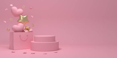 Sevgililer Günün kutlu olsun. Yatay şablon posteri, tebrik kartı, web sitesi başlıkları. Kalpler ve yıldızlar paketten uçar. Ürün podyumu. Ürün maketi. 3B görüntüleme. 