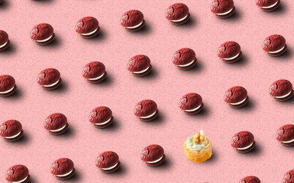 Wzór Czerwonych Ciast Wiele Ciast Ciasta Różowym Tle Ciasto Whoopie — Zdjęcie stockowe