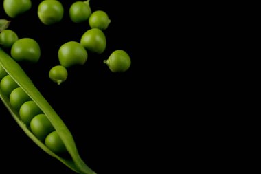 Siyah zemin üzerinde bezelye kabukları, koyu arkaplanda yeşil bezelyeler.