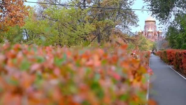 Herfstpad Het Park Dat Naar Kerk Leidt Gele Herfstkleuren Van — Stockvideo