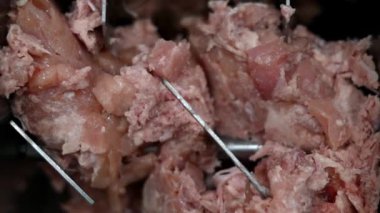 Aile tariflerine göre evde sosis yapıyorlar. Salam ürünü, et endüstrisi, makine. Kıyma, kıyma.