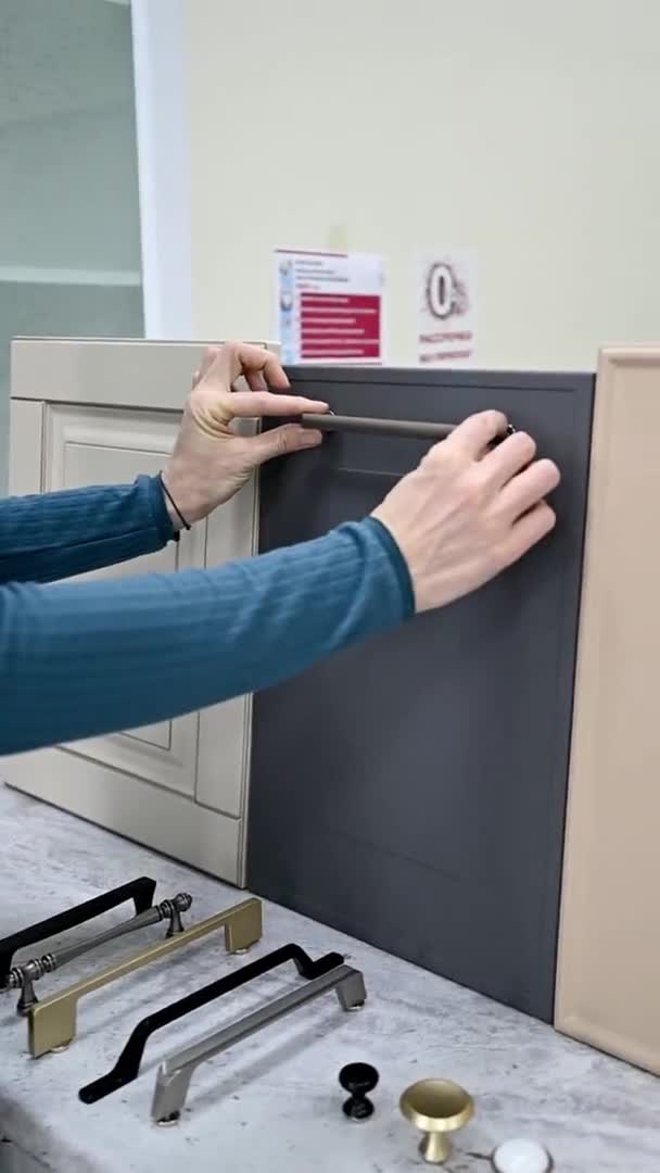 Home Improvement Concept Girl Designer Chooses Facades Handles Cabinet Furniture — Stock Video