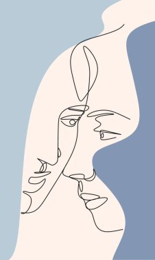 Poster, broşür, pankart, tişört baskısı, vektör çizimi, boho tarzı için kadın ve erkek yüzlerinin sürekli çizgisel çizimi. Aşk kavramı.