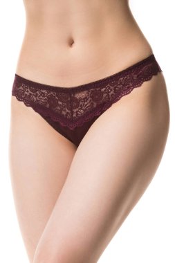 Beyaz arka planda zayıf bir kadın cesedi, külot, yarım boy çekim.