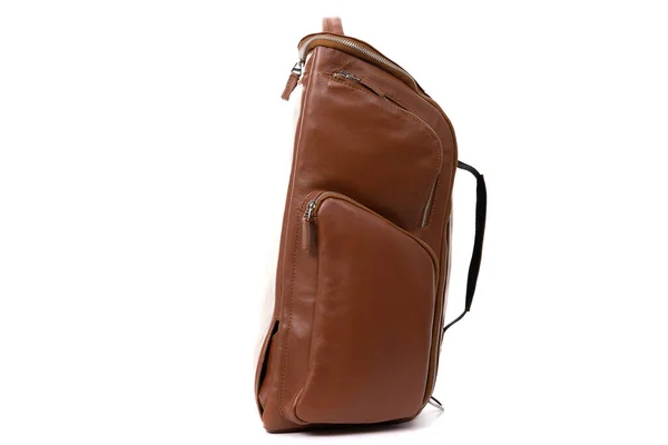 Light brown backpack made of genuine leather on a white background, side view — Stock Photo, Image