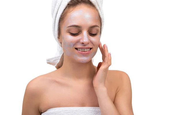 Woman after shower with pearl mask on her face, skin care concept — Stock Photo, Image