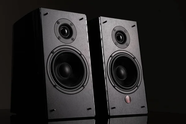 Foto gambar sepasang pembicara musik tingkat hi-fi dengan dua pembicara pada latar belakang hitam — Stok Foto
