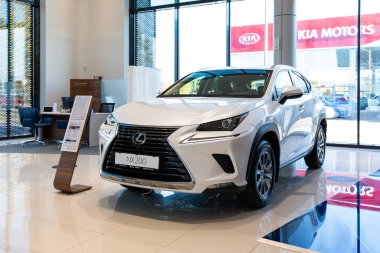 Minsk, Belarus - 25 Kasım 2021: galeri galerisinde beyaz Lexus NX200 lüks SUV