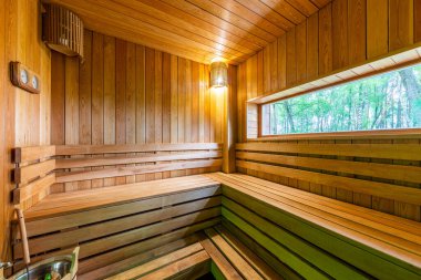 Büyük panoramik pencereli doğal ahşaptan yapılmış sauna.