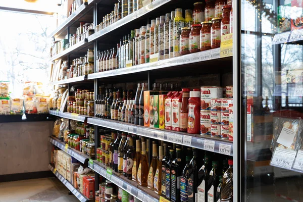 Minsk, Belarus - Dec 20, 2021: shelves with goods in a grocery store — стоковое фото