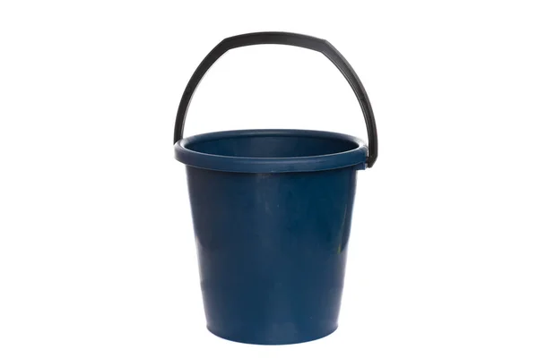 Empty blue plastic bucket with black handle on white isolated background — Stock Fotó