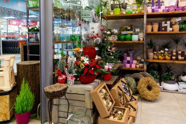 Minsk, Belarus - 20 Aralık 2021: hediye paketi ve ev çiçekleri için çiçekçi kompozisyonları satan bir dükkanın içi
