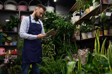 Çiçekçi, Sevgililer Günü arifesinde bir mağazada çiçek ve buket satarak envanter çıkarıyor.