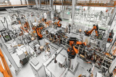 Otomobil üretim hattı. Kaynak araba gövdesi. Modern araba montaj tesisi. Üst görünüm