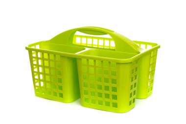 Beyaz izole arkaplanda plastik açık yeşil çatal bıçak kutusu