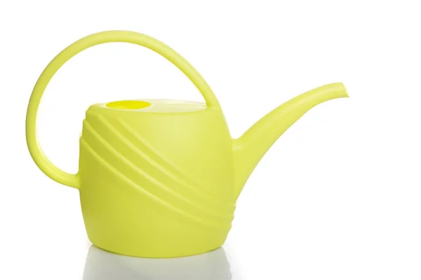 Garden plastic watering can of lemon color on white isolated background — Stock Photo, Image