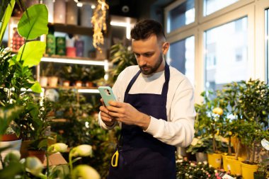 Bir çiçekçide botanikçi akıllı telefondan saksı bitkisinin fotoğrafını çekiyor.
