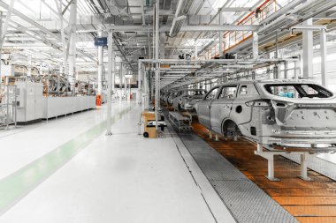 Araba üretimi için ekin. Modern otomotiv endüstrisi. Elektrikli araba fabrikası, taşıyıcı