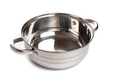 boş yeni metal cilalı tava beyaz arkaplan üzerine yakın plan