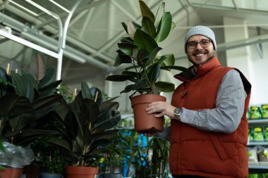 Tatmin olmuş bir adam evi için bir bitki satın alır..