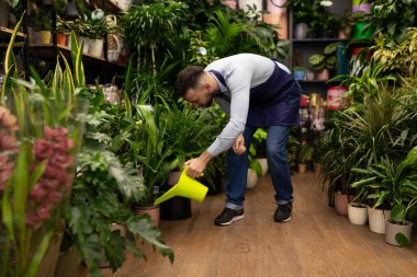 Sulama kabından çiçek sulayan bir çalışan..