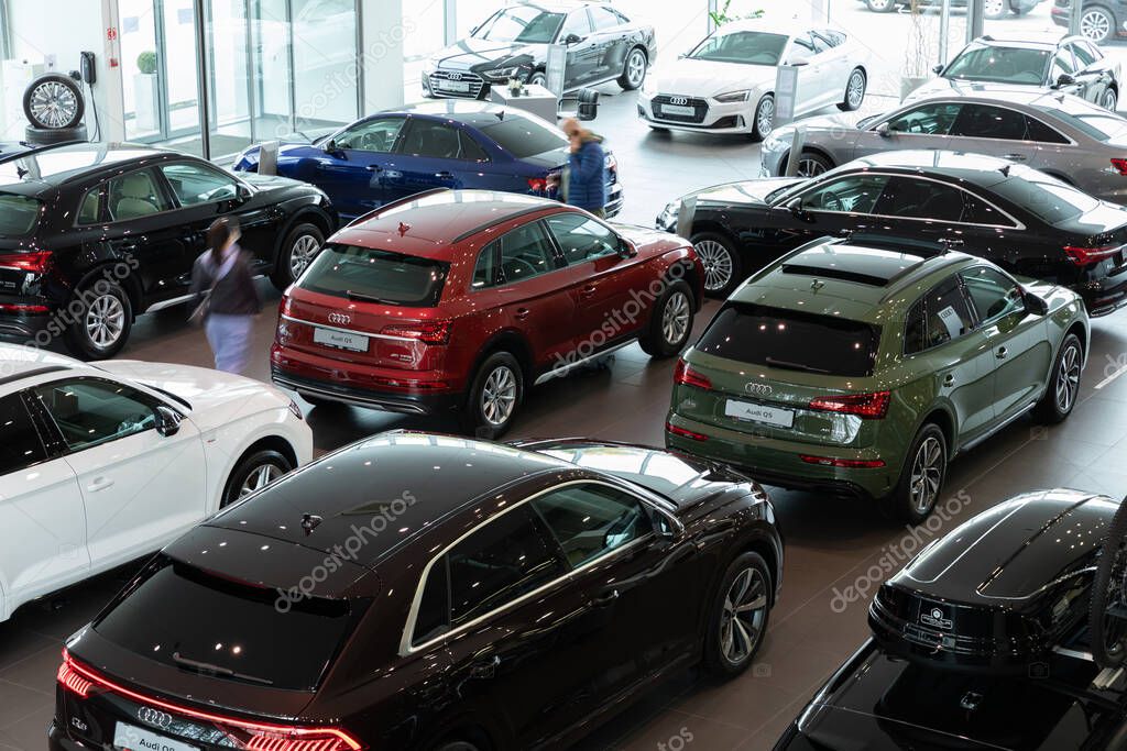 Minsk, Belarus - Dec 20, 2021: car dealership with a wide range of premium Audi cars.