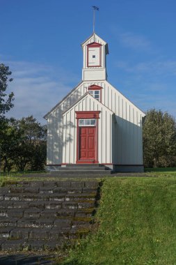 Borgarnes, Iceland: The church at Borg a Myrum, the homestead of 10th-century Viking poet Egill Skallagrimsson, was built in 1880. clipart