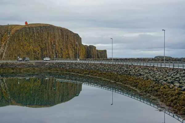 Stykkisholmur Iceland Causeway Harbor Fishing Village Sugandisey Island Its Lighthouse — Stock Photo, Image