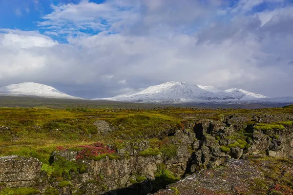 Park Narodowy Thingvellir Islandia Skała Wulkaniczna Pierwszym Planie Góry Pokryte — Zdjęcie stockowe