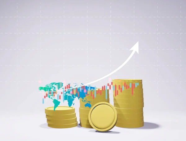 要旨世界の貿易市場における投資成長を示す積層コイン グラフ線の進捗状況レポートと為替レートで分離された白い背景3Dレンダリング — ストック写真