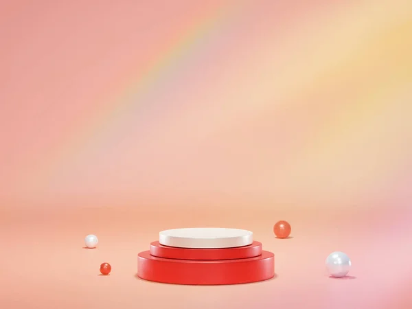 The red pedestal showcases an elegant product packaging presentation with composite rainbow lines with an abstract pastel pink background and gold and pearl balls on the floor, rendered in 3D.