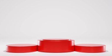 Kırmızı kaide, soyut beyaz arkaplan izole edilmiş 3D işlemeli lüks ürün paketleme sunumunu gösterir.