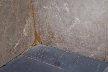 Tuvaletin köşesindeki fayansların kirli lekeleri var. Duvarların ve döşeme taşlarının da küfleri var..