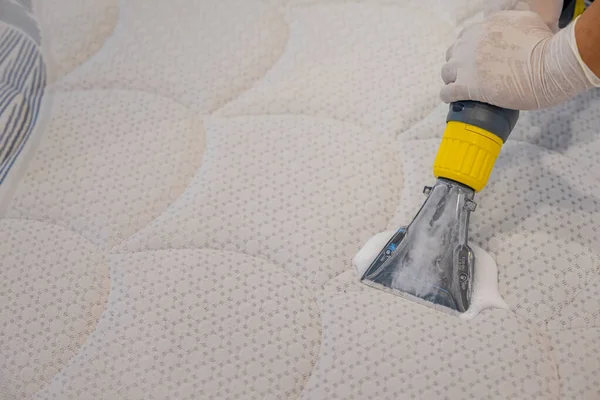 Worker Cleaning a bed with Vacuum Cleaner.Extraction method.