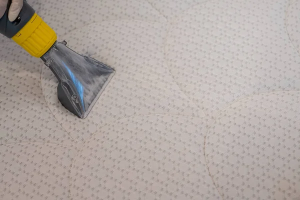 Worker Cleaning a bed with Vacuum Cleaner.Extraction method.