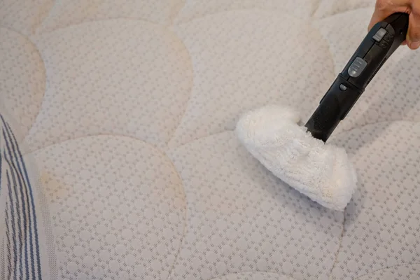 Cleaning a bed with Steam Cleaner.Bed cleaning concept.