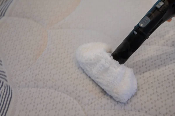 Cleaning a bed with Steam Cleaner.Bed cleaning concept.