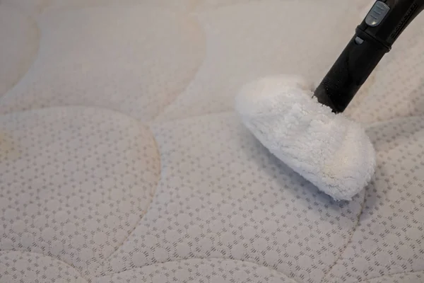 Cleaning a bed with Steam Cleaner.Bed cleaning concept.