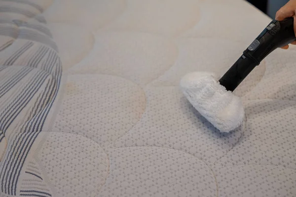 Cleaning a bed with Steam Cleaner.Bed cleaning concept.