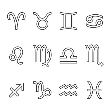 Arka planda bir dizi burç simgesi izole edildi. Astroloji sembolü modern, basit, vektör, web sitesi tasarımı için simge, mobil uygulama, ui. Vektör İllüstrasyonu
