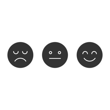 Mutlu, hayal kırıklığı yaratan ve beyaz arka planda izole edilmiş düz emojiler. Web sitesi tasarımı için modern, basit, vektör, simge geribildirim sembolü, mobil uygulama, ui. Vektör İllüstrasyonu