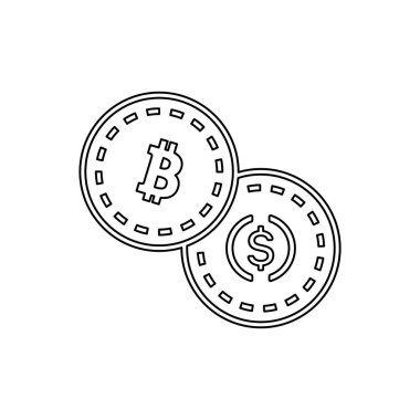 Bitcoin ve USD sikkeler beyaz arkaplanda izole edilmiş. Şifreleme sembolü modern, basit, vektör, web sitesi tasarımı için simge, mobil uygulama, ui. Vektör İllüstrasyonu