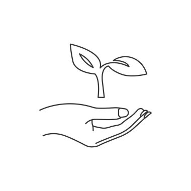 Beyaz arka planda el ele tutuşan bitki ikonu. Çevre sembolü modern, basit, vektör, web sitesi tasarımı için simge, mobil uygulama, ui. Vektör İllüstrasyonu