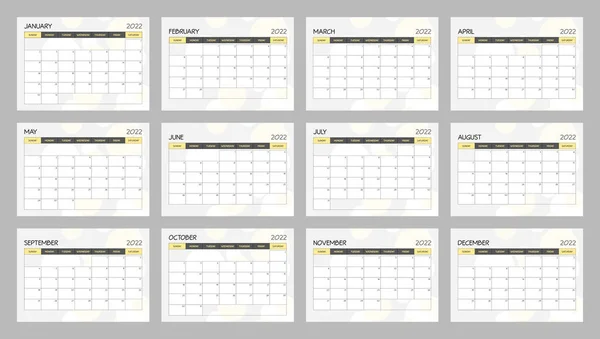 Kalendervorlage 2022 Gelb Grau Und Weiß Tischkalender Design Wochenstart Sonntag — Stockvektor